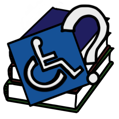 the international symbol for disability, which is a white glyph of a wheelchair user on a blue square, next to a question mark. behind this is a stack of three books